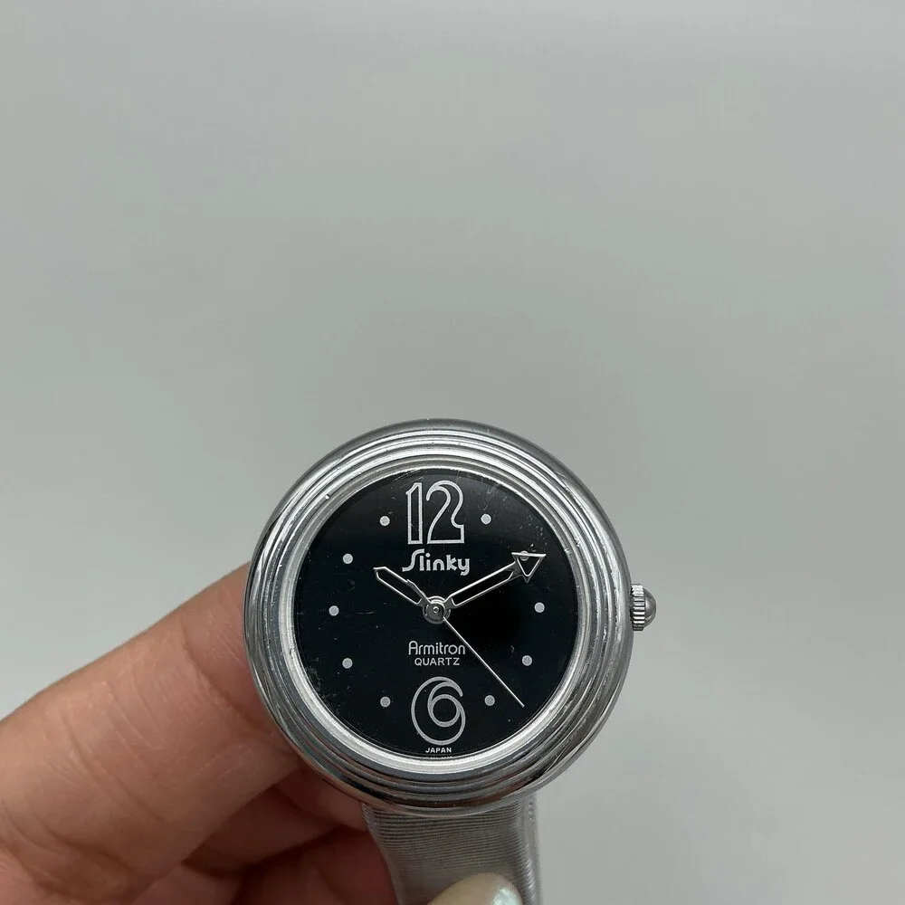 Vintage Armitron Slinky Womens Watch 29mm Black Dial Silver Tone New Battery